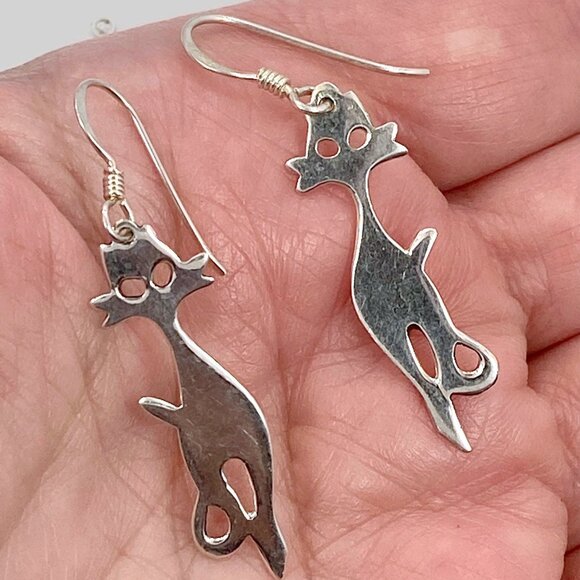 Cat Earrings, Sterling Silver, Vintage Earrings, Retro Cats, Mod, Long Earrings - Picture 1 of 3